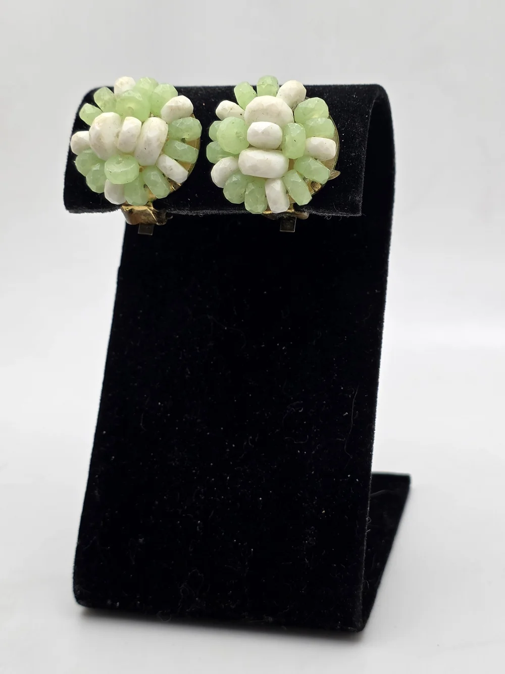 Green and White Cluster Clip-On Earrings